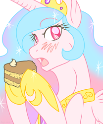 Size: 666x800 | Tagged: safe, artist:rozga, character:princess celestia, species:alicorn, species:pony, blushing, cake, cakelestia, female, food, mare, open mouth, pinklestia, princess, simple background, solo, transparent background