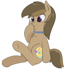 Size: 2008x2046 | Tagged: safe, artist:eyeburn, oc, oc only, oc:dawnsong, species:earth pony, species:pony, boop, chest fluff, choker, colored pupils, cross-eyed, cute, female, mare, nose wrinkle, ocbetes, self-boop, sitting, smiling, solo, underhoof