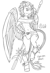 Size: 690x1000 | Tagged: safe, artist:sepiakeys, character:rainbow dash, species:anthro, species:pegasus, species:pony, bandeau, belt, belt buckle, choker, clothing, diadem, fantasy class, female, lineart, skirt, solo, spear, tail wrap, weapon, wings