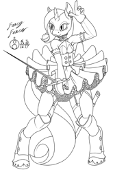 Size: 659x1000 | Tagged: safe, artist:sepiakeys, character:rarity, species:anthro, species:pony, species:unicorn, armor, armpits, chaps, choker, clothing, fantasy class, female, fencer, horseshoes, lineart, rapier, ruffles, skirt, solo, sword, tutu, weapon