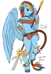 Size: 1380x2000 | Tagged: safe, artist:sepiakeys, character:rainbow dash, species:anthro, species:pegasus, species:pony, species:unguligrade anthro, bandeau, belt, belt buckle, choker, clothing, diadem, fantasy class, female, mare, miniskirt, side slit, skirt, solo, spear, tail wrap, weapon, wings