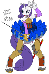 Size: 1318x2000 | Tagged: safe, artist:sepiakeys, character:rarity, species:anthro, species:pony, species:unguligrade anthro, species:unicorn, armor, armpits, chaps, choker, clothing, fantasy class, female, fencer, garters, horseshoes, mare, rapier, ruffles, skirt, solo, sword, tutu, weapon