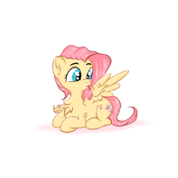 Size: 1080x1080 | Tagged: safe, artist:rurihal, character:fluttershy, species:pegasus, species:pony, chest fluff, female, head turn, licking, looking at something, mare, one wing out, preening, prone, simple background, solo, tongue out, white background