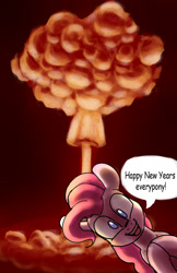 Size: 792x1224 | Tagged: safe, artist:jimmyjamno1, character:pinkie pie, 2019, atomic bomb, dialogue, happy new year 2019, mushroom cloud, nuclear weapon, speech bubble, weapon, xk-class end-of-the-world scenario