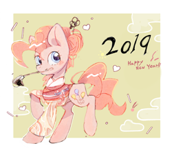 Size: 992x856 | Tagged: safe, artist:poneko-chan, character:pinkie pie, species:earth pony, species:pony, 2019, blushing, clothing, female, happy new year, happy new year 2019, heart, holiday, mare, raised hoof, solo