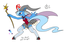 Size: 1000x694 | Tagged: safe, artist:sepiakeys, character:trixie, species:anthro, species:pony, species:unicorn, alicorn amulet, armpits, cape, clothing, corset, female, hat, horseshoes, magic, mare, pleated skirt, skirt, solo, stockings, thigh highs, trixie's hat, wand, witch hat, zettai ryouiki