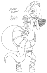 Size: 643x1000 | Tagged: safe, artist:sepiakeys, character:fluttershy, species:anthro, species:pegasus, species:pony, apron, blush sticker, blushing, choker, clothing, cutie mark on clothes, duster, female, garter, lineart, maid, maid headdress, mare, pleated skirt, skirt, solo, wings