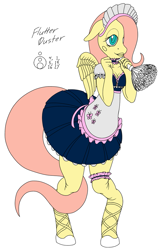 Size: 643x1000 | Tagged: safe, artist:sepiakeys, character:fluttershy, species:anthro, species:pegasus, species:pony, species:unguligrade anthro, apron, blush sticker, blushing, choker, clothing, cutie mark on clothes, duster, female, fluttermaid, garter, maid, maid headdress, mare, pleated skirt, shoes, skirt, solo, wings