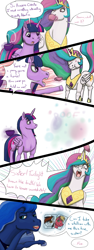 Size: 1500x4000 | Tagged: safe, artist:azurllinate, character:big mcintosh, character:pipsqueak, character:princess celestia, character:princess luna, character:twilight sparkle, character:twilight sparkle (alicorn), species:alicorn, species:pony, ship:lunamac, ship:lunapip, comic, comic strip, dark secret, drink, drinking, female, implied shipping, male, pillow, pointing, princess celestia is a horse, royal sisters, shipping, straight, tea, teleportation