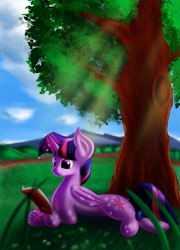 Size: 2585x3600 | Tagged: safe, artist:qbellas, character:twilight sparkle, character:twilight sparkle (alicorn), species:alicorn, species:pony, book, crepuscular rays, dappled sunlight, female, grass, mare, prone, reading, scenery, solo, tree