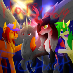 Size: 5800x5800 | Tagged: safe, artist:florarena-kitasatina/dragonborne fox, oc, oc:foxfire, oc:patient care, species:alicorn, species:changeling, species:pony, 2019, :d, absurd resolution, ahoge, alcohol, artificial alicorn, augmented, baseball cap, big wings, braid, cap, changeling oc, clothing, crooked horn, crossover, curved horn, cute, dat mane tho, drool, drunk, fireworks, floppy ears, flying, glass, golden eyes, happy new year, happy new year 2019, hat, holiday, horn, leaning, leonine tail, messy mane, pastel, ponified, ponytail, raised leg, red and black oc, red eyes, rekka (little buster q), ribbon, signature, slit pupils, spread wings, suguri (suguri), unshorn fetlocks, wall of tags, wat, watermark, whiskey, wings