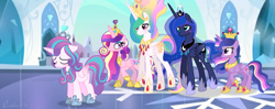 Size: 6936x2744 | Tagged: safe, artist:rainbow15s, character:princess cadance, character:princess celestia, character:princess flurry heart, character:princess luna, character:twilight sparkle, character:twilight sparkle (alicorn), species:alicorn, species:pony, next generation, teenage flurry heart, teenager