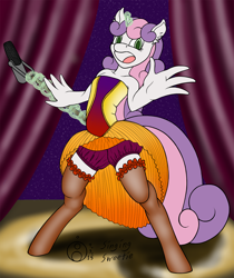 Size: 1260x1500 | Tagged: safe, artist:sepiakeys, character:sweetie belle, species:anthro, species:pony, species:unguligrade anthro, species:unicorn, bloomers, burlesque, burlesque skirt, clothing, corset, curtains, female, garters, magic, mare, microphone, microphone stand, shoes, singing, skirt, socks, solo, spotlight, stage, stockings, telekinesis, thigh highs, wings