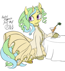 Size: 920x1000 | Tagged: safe, artist:sepiakeys, oc, oc only, oc:pastel slippers, species:pony, species:unicorn, alcohol, carrot, carrotini, clothing, cocktail, dress, drill hair, drill mane, ear fluff, embroidery, female, food, glass, high collar, looking away, mare, martini, solo, table