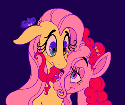 Size: 1240x1042 | Tagged: safe, artist:littmosa, character:fluttershy, character:pinkie pie, species:earth pony, species:pony, ship:flutterpie, bust, butterfly, eyelashes, female, floppy ears, lesbian, looking at each other, mare, portrait, shipping, simple background, smiling