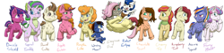 Size: 5000x1200 | Tagged: safe, artist:azurllinate, character:pound cake, character:princess flurry heart, character:pumpkin cake, oc, oc:apple eclair, oc:azure sprint, oc:cherry top, oc:chocolate swirl, oc:dazzle shield, oc:elegrace flux, oc:prince dazzle shield, oc:prince waxing moon, oc:princess radiant eclipse, oc:radiant eclipse, oc:raspberry tart, oc:spiral twinkle, oc:waxing moon, parent:big macintosh, parent:buffalo bull, parent:cheese sandwich, parent:cherry jubilee, parent:discord, parent:flash sentry, parent:fluttershy, parent:pinkie pie, parent:pipsqueak, parent:princess luna, parent:rainbow dash, parent:rarity, parent:soarin', parent:spike, parent:sugar belle, parent:twilight sparkle, parents:cheesepie, parents:cherrybull, parents:discoshy, parents:flashlight, parents:lunapip, parents:soarindash, parents:sparity, parents:sugarmac, species:alicorn, species:dracony, species:earth pony, species:pegasus, species:pony, species:unicorn, next gen:futurehooves, alicorn oc, clothing, fanfoals, female, filly, floating, futurehooves, hybrid, interspecies offspring, mixed breed, next generation, offspring, scarf, siblings, smiling, twins, young love