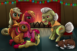 Size: 2378x1591 | Tagged: safe, artist:dawnmistpony, character:apple bloom, character:applejack, character:babs seed, character:big mcintosh, character:granny smith, character:winona, species:earth pony, species:pony, episode:hearth's warming eve, g4, my little pony: friendship is magic, apple family, christmas, fire, male, stallion