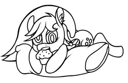 Size: 1000x646 | Tagged: safe, artist:sepiakeys, character:derpy hooves, species:pegasus, species:pony, bubble butt, female, food, lineart, mare, muffin, pillow, prone, solo