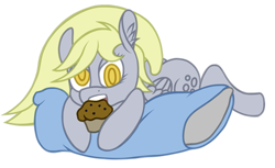 Size: 1000x612 | Tagged: safe, artist:sepiakeys, character:derpy hooves, species:pegasus, species:pony, bubble butt, female, food, mare, muffin, pillow, prone, solo