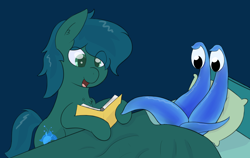 Size: 3080x1948 | Tagged: safe, artist:eyeburn, oc, oc only, oc:poison trail, species:pony, bed, bedtime story, book, googly eyes, male, monster, reading, stallion, tentacles