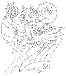 Size: 871x1000 | Tagged: safe, artist:sepiakeys, character:twilight sparkle, character:twilight sparkle (alicorn), species:alicorn, species:anthro, species:pony, species:unguligrade anthro, species:unicorn, armpits, bracelet, choker, clothing, corset, female, garters, jewelry, leotard, lineart, long hair, magic, magic staff, mare, runes, socks, solo, staff, stockings, tail wrap, thigh highs, wings