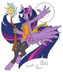 Size: 871x1000 | Tagged: safe, artist:sepiakeys, character:twilight sparkle, character:twilight sparkle (alicorn), species:alicorn, species:anthro, species:pony, species:unguligrade anthro, species:unicorn, armpits, bracelet, choker, clothing, corset, female, four fingers, garters, jewelry, leotard, long hair, magic, magic staff, mare, runes, socks, solo, staff, stockings, tail wrap, thigh highs, wings