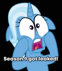 Size: 1378x1577 | Tagged: safe, artist:bigccv, edit, character:trixie, species:pony, species:unicorn, season 9, bait, bait and switch, big eyes, female, gasp, hooves on cheeks, implied leaks, mare, op is a duck, reaction image, screaming, shock, solo, text, text edit