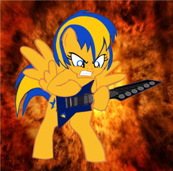 Size: 1280x1268 | Tagged: safe, artist:mlpfan3991, base used, oc, oc:flare spark, species:pegasus, species:pony, angry, angry face, bipedal, fire, guitar, guitarity, musical instrument, rage, solo