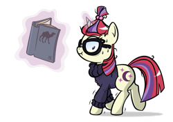 Size: 2039x1446 | Tagged: safe, artist:pony4koma, character:moondancer, species:pony, species:unicorn, book, camel, clothing, dromedary, female, glasses, magic, mare, practice, sweater