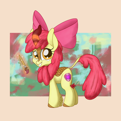 Size: 2200x2200 | Tagged: safe, artist:litrojia, character:apple bloom, species:kirin, abstract background, bow, curved horn, cutie mark, fake cutie mark, female, filly, horn, kirin-ified, leg fluff, leonine tail, levitation, looking at you, magic, paint, paintbrush, scales, smiling, solo, species swap, standing, telekinesis, the cmc's cutie marks