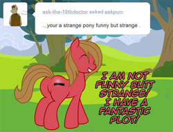 Size: 1043x800 | Tagged: safe, artist:abydos91, oc, oc:pun, species:earth pony, species:pony, ask pun, ask, butt blush, female, mare, plot, solo