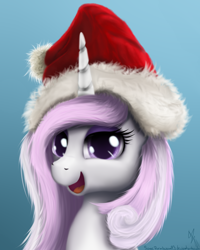 Size: 1030x1290 | Tagged: safe, artist:sonicrainboom93, character:fleur-de-lis, blue background, christmas, clothing, female, happy, hat, open mouth, santa hat, simple background, smiling, solo