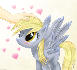 Size: 680x611 | Tagged: safe, artist:lova-gardelius, character:derpy hooves, species:human, species:pegasus, species:pony, blushing, cute, derpabetes, female, hand, heart, love, mare, one eye closed, petting, wink