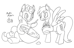 Size: 1000x648 | Tagged: safe, artist:sepiakeys, character:derpy hooves, character:pinkie pie, species:earth pony, species:pegasus, species:pony, baking, basket, blueberry, bowl, duo, duo female, female, food, mare, mixing bowl, monochrome, tongue out