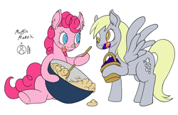 Size: 1000x648 | Tagged: safe, artist:sepiakeys, character:derpy hooves, character:pinkie pie, species:earth pony, species:pegasus, species:pony, baking, basket, blueberry, bowl, colored pupils, duo, duo female, female, food, mare, mixing bowl, simple background, tongue out, white background