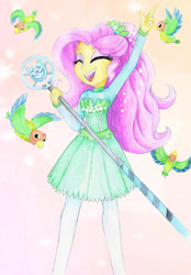 Size: 900x1293 | Tagged: safe, artist:astevenamedwolf, character:fluttershy, species:bird, episode:so much more to me, g4, my little pony: equestria girls, my little pony:equestria girls, eyes closed, female, lovebird, microphone, singing
