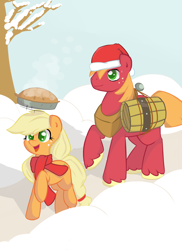 Size: 1600x2200 | Tagged: dead source, safe, artist:spaerk, character:applejack, character:big mcintosh, species:earth pony, species:pony, clothing, female, hat, male, pie, santa hat, scarf, snow, stallion