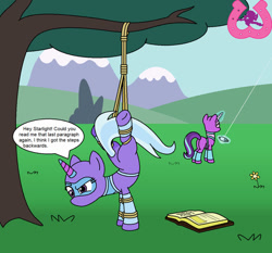 Size: 1024x954 | Tagged: safe, artist:author92, character:starlight glimmer, character:trixie, species:pony, species:unicorn, alternate costumes, bondage, book, brightly colored ninjas, clothing, kite, kite flying, kunoichi, magic suppression, mask, ninja, rope, self bondage, that pony sure does love kites