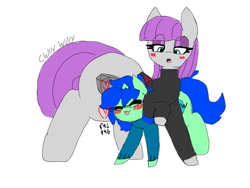Size: 640x480 | Tagged: safe, artist:chillywilly, character:maud pie, oc, oc:chilly willy, species:earth pony, species:pony, species:unicorn, alternate costumes, blushing, clothing, eyeshadow, glasses, larger female, makeup, nuzzling, simple background, size difference, sweater