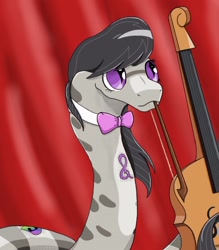 Size: 768x875 | Tagged: safe, artist:mixdaponies, character:octavia melody, :3, alternative cutie mark placement, bow (instrument), cello, cute, female, implied lesbian, implied scratchtavia, implied shipping, looking up, mouth hold, musical instrument, scales, slit eyes, smiling, snake, snek, solo, species swap, tavibetes