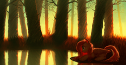 Size: 3000x1557 | Tagged: safe, artist:klooda, character:fluttershy, species:pegasus, species:pony, branches, digital art, female, forest, grass, lake, lying down, lying in grass, mare, morning, prone, realistic, realistic background, reflection, solo, spring, sunlight, sunrise, tree, water