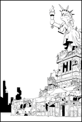 Size: 2016x2975 | Tagged: safe, artist:php104, species:pony, fallout equestria, city, fanfic art, friendship city, lineart, monochrome, ponified, ruins, statue of liberty, wagon, windmill, wip
