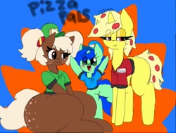 Size: 512x387 | Tagged: safe, artist:chillywilly, oc, oc only, oc:chilly willy, oc:pizazz, oc:rooty booty, species:pony, species:unicorn, bottlecap, butt freckles, clothing, eyeshadow, food, food pony, freckles, hat, large butt, makeup, meat, name tag, original species, pepperoni, pigtails, pizza pony, ponified, shirt, soda pony, thunder thighs