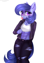 Size: 2907x4200 | Tagged: safe, artist:sukiskuki, oc, oc:raylanda, species:anthro, species:earth pony, species:pony, abs, anthro oc, bubblegum, clothing, food, gum, jeans, looking at you, midriff, pants, shirt, simple background, solo, t-shirt, torn jeans, transparent background