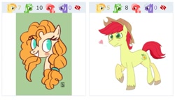 Size: 726x419 | Tagged: safe, artist:gintoki23, artist:taylerscribbles, character:bright mac, character:pear butter, oc, oc:comment, oc:downvote, oc:favourite, oc:upvote, species:pony, derpibooru, derpibooru ponified, ship:brightbutter, episode:the perfect pear, g4, my little pony: friendship is magic, applejack's dad, applejack's mom, applejack's parents, blushing, brightabetes, bust, colored pupils, cute, female, green background, heart, juxtaposition, juxtaposition win, male, mare, meme, meta, no pupils, pearabetes, ponified, portrait, shipping, simple background, smiling, solo, stallion, straight, unshorn fetlocks