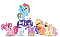 Size: 1971x1224 | Tagged: safe, artist:rainbow15s, character:applejack, character:fluttershy, character:pinkie pie, character:rainbow dash, character:rarity, character:twilight sparkle, character:twilight sparkle (alicorn), species:alicorn, species:pony, alternate hairstyle, crown, ethereal mane, flower, flower in hair, galaxy mane, hair bun, jewelry, mane six, neckerchief, necklace, pearl necklace, ponytail, princess shoes, rainbow power, regalia, simple background, transparent background