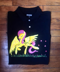 Size: 1024x1223 | Tagged: safe, artist:colorsceempainting, character:fluttershy, species:pegasus, species:pony, butterfly, clothing, female, grass, polo shirt, shirt, smiling, t-shirt