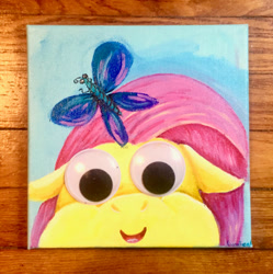 Size: 1024x1029 | Tagged: safe, artist:colorsceempainting, character:fluttershy, species:pony, butterfly, female, funny, googly eyes, painting, solo, traditional art