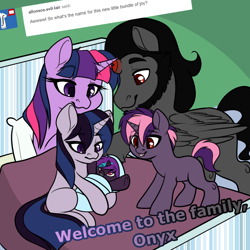 Size: 800x800 | Tagged: safe, artist:rainbowdrool, character:king sombra, character:twilight sparkle, character:twilight sparkle (alicorn), oc, oc:misty, oc:obsidian, oc:onyx, parent:king sombra, parent:twilight sparkle, parents:twibra, species:alicorn, species:pony, species:unicorn, ship:twibra, alicornified, ask, baby, baby pony, blank flank, broken horn, colt, family, female, filly, from dust to mist, horn, male, mare, newborn, offspring, race swap, shipping, smiling, sombracorn, stallion, straight, tumblr, tumblr:from dust to mist