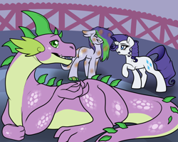Size: 1000x800 | Tagged: safe, artist:rainbowdrool, character:rarity, character:spike, oc, oc:taaffeite, parent:rarity, parent:spike, parents:sparity, species:dracony, species:pony, species:unicorn, ship:sparity, adult, adult spike, colored claws, dirty, eyes closed, family, female, floppy ears, from dust to mist, frown, grin, hybrid, interspecies offspring, looking back, male, mare, messy mane, offspring, older, older spike, open mouth, prone, shipping, shrug, smiling, straight, tumblr:from dust to mist, worried